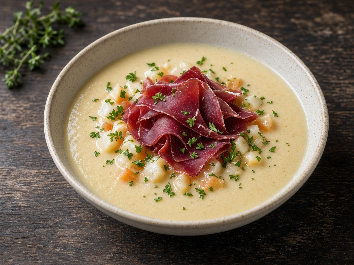 Root vegetable cream soup with cold-smoked reindeer