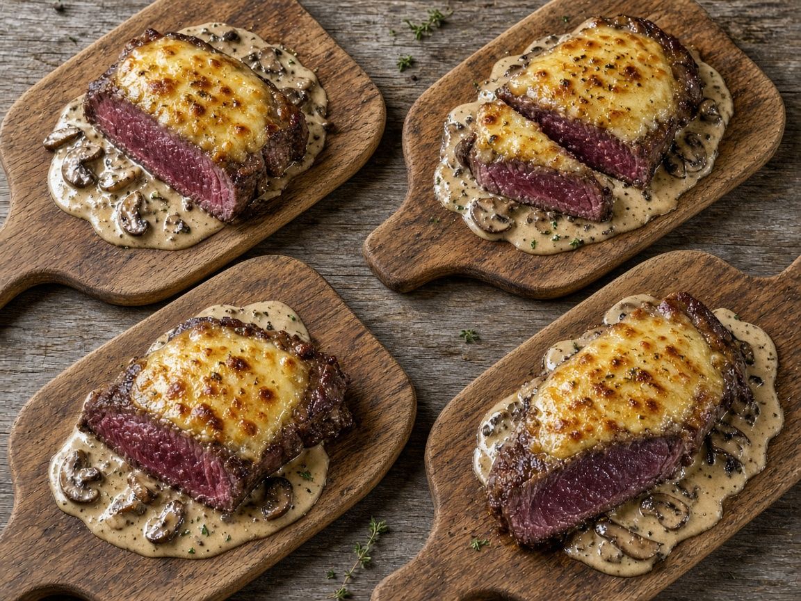 Reindeer steaks with Gruyère and mushroom cream