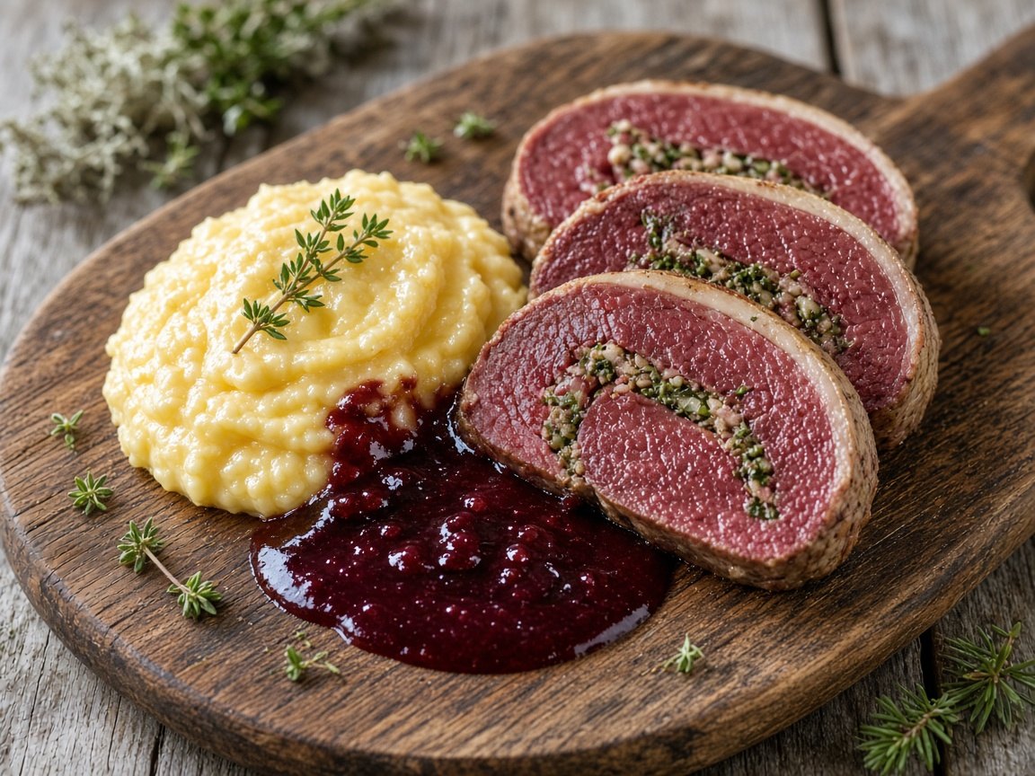 Stuffed reindeer roulade with herbs and walnuts