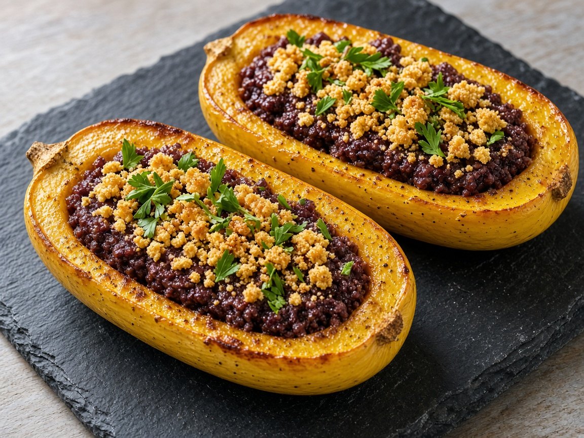 Roasted squash stuffed with reindeer ragù