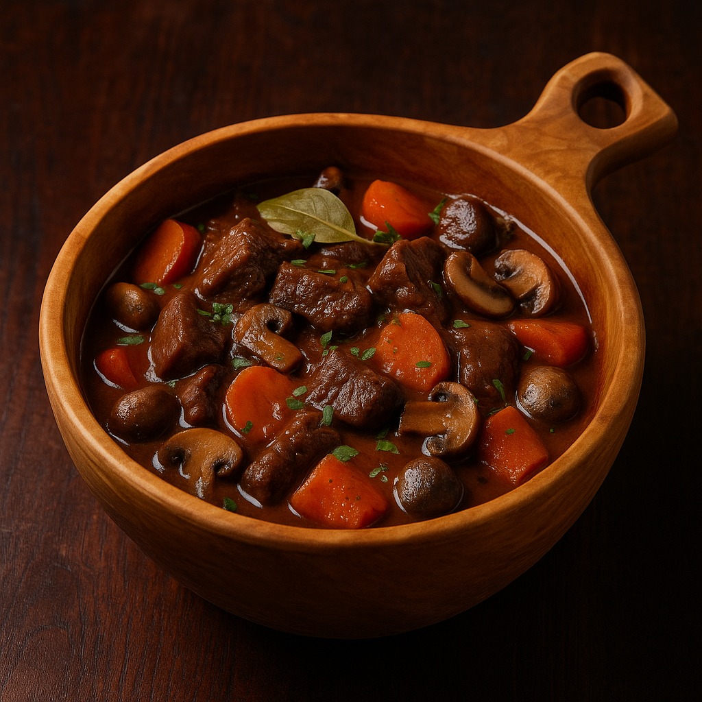 Reindeer stew in red wine with root vegetables